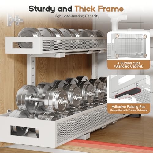 White 2 Pack Under Sink Storage Organizer - 20.47 Inch Depth, 2-Tier Pull-Out Shelves, Adjustable Height
