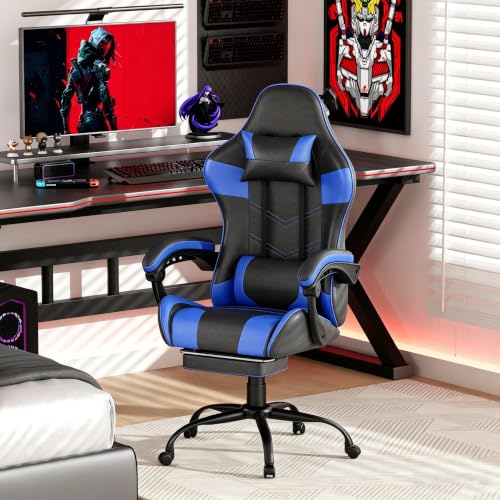 Blue Gaming Chair with Footrest, Ergonomic Video Game Chair for Adults