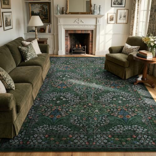 Dark Green Area Rug 8x10 - Washable Faux Wool Floral Pattern for Living Room - Variation of THIS listing