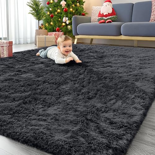 8x10 Ft Large Machine Washable Shaggy Area Rug for Living Room & Bedroom - Black