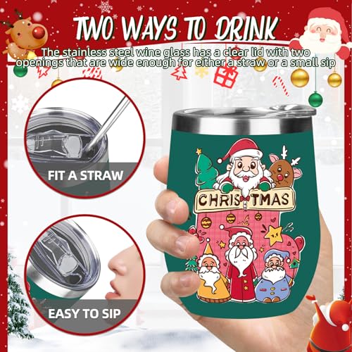 GUDEMAO 12 oz Christmas Insulated Stainless Steel Wine Tumbler with Lid – Green, 1 Pack