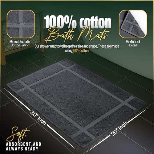 Cotton Bath Mats Set - 6 Pack, 20 x 30 Inches, Dark Grey, Quick Dry, Soft & Absorbent