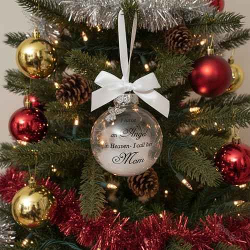 Christmas Tree Ball Ornaments Clear Feather Ball Angel Memorial Ornament I Have an Angel in Heaven I Call Her Mom - Family Memorial Loss of Loved One Hanging Pendant Xmas Tree D?cor (Mom)
