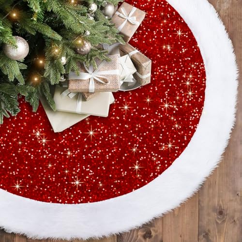Dremisland 48-inch Red Sequin Christmas Tree Skirt with Faux Fur - Holiday Decor