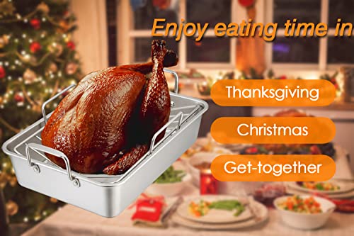 TeamFar Stainless Steel Roasting Pan 16-Inch Large Turkey Roaster Pan - Silver