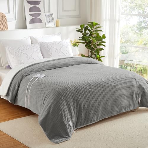 CAROMIO Electric Blanket Full Size, Waffle Fast Heating Heated Blankets with ETL Certified & Machine Washable, Soft Flannel & Sherpa Heat Throws, 5 Heating Levels & 10 Hours Auto Off, Grey, 72" x 84"