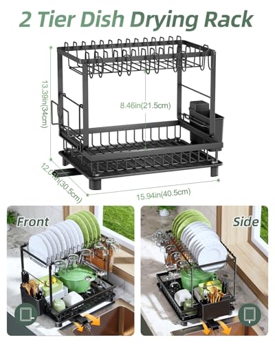 Nfnoyp Black 2-Tier Dish Drying Rack for Kitchen Counter - Space Saver