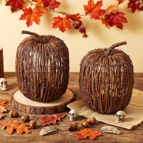 Artificial Wicker Pumpkin Decor Set - 12 x 10 Inches Farmhouse Fall Decor (2 Pieces)