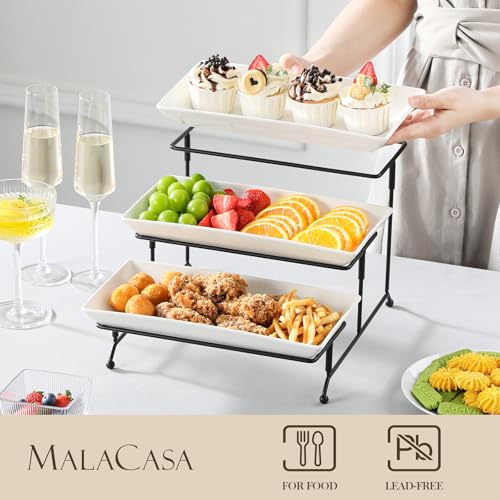 MALACASA 3-Tier Serving Tray Stand, White Porcelain Platters, 12 Inch