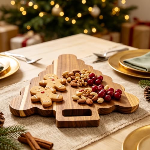 Christmas Tree Acacia Wood Serving & Cutting Board with Handle, Festive Cheese Platter