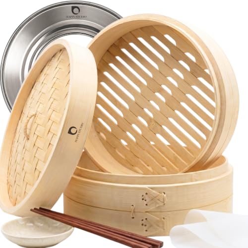 10-Inch Extra Deep Bamboo Steamer Basket Set with Ring Adapter for Pot or Wok