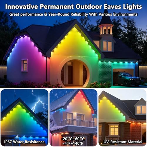 200FT Permanent Outdoor AI RGB+IC Lights - Alexa/Google Smart Eaves Lighting, Cool/Warm Tones