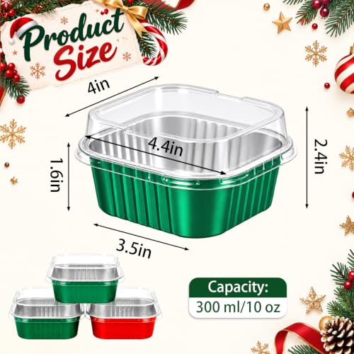 DeziWood 200-Pack 10 oz Christmas Mini Aluminum Cake Pans with Lids, Spoons & Red Green Variation