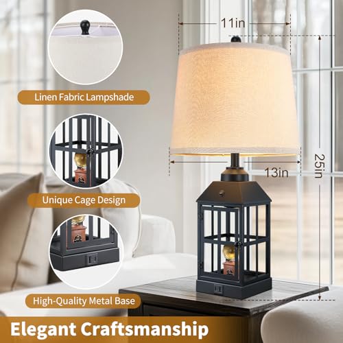 Lovlast 25-Inch Farmhouse Black Table Lamps Set of 2 with USB & Night Light
