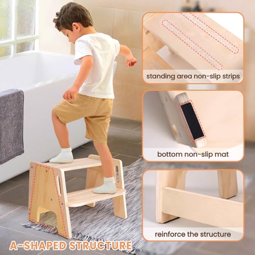 Woodure Wooden Height-Adjustable 2-Step Toddler Stool with Handles - Original Wooden Colour