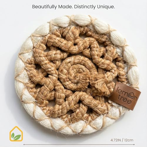 LEMON TREE White & Natural Braided Placemats & Coasters Set 6 - 5.12 Inch, Waterproof Table Mats
