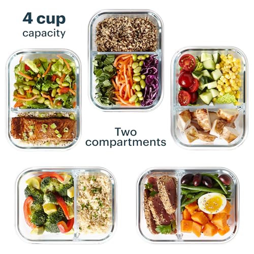 Pyrex Glass Meal Box 4-Cup Divided Containers 5-Pack with Locking Lids - BPA-Free