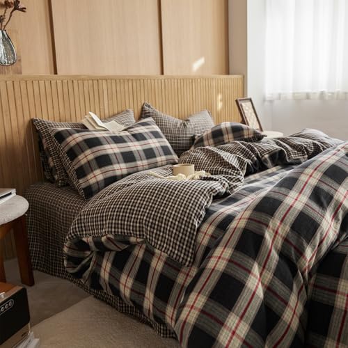 EAVD Vintage Buffalo Plaid Duvet Cover Queen - Black, Red & Green, 3-Piece Set, Reversible