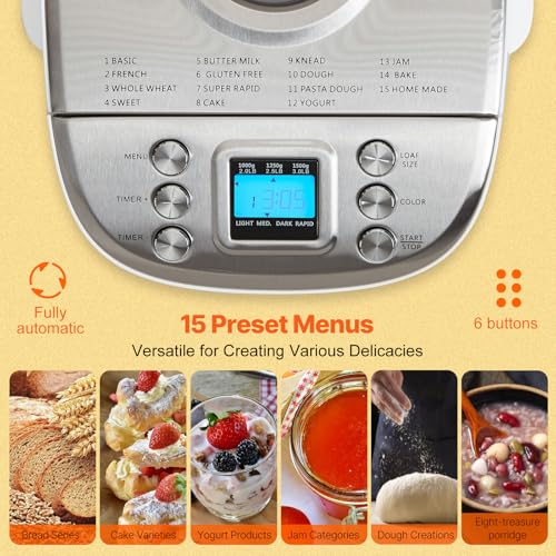 Bread Maker Machine with 15 Menus, Non-Stick Ceramic Pan, 3 Loaf Sizes, Digital & Programmable - White+Silver
