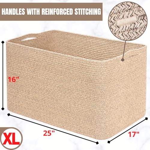 Extra Large Cotton Rope Storage Basket - Oatmeal Brown, 112L, 25x17x16 Inches, Living Room & Laundry Organizer