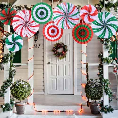 9 Pcs Christmas Candy Hanging Paper Fans Decoration Peppermint Hanging Fans Xmas Candy Cane Party Garland Decor for Merry Christmas Holiday Classroom Ceilings Wall Birthday Party Supplies