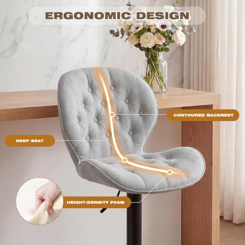 Grey Set of 2 Adjustable Swivel Bar Stools with Backrest - Modern Chenille Fabric