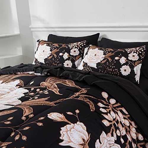 Yogeneg Black Floral 7-Piece King Bed in a Bag Comforter Set Botanical Bedding