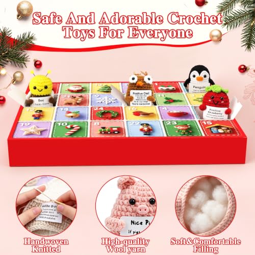 Red Handmade Crochet Animal Advent Calendar 24 Days Christmas Countdown with Positivity Cards for Kids Teens Adults