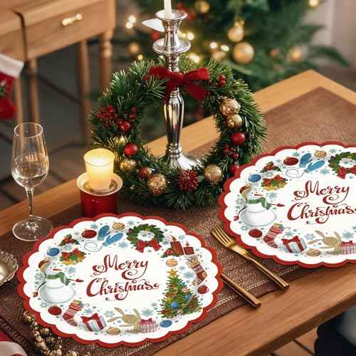 50 Count Christmas Paper Plates - 7 Inch Disposable Winter Holiday Party Plates Snowman Snowflake Dessert Plates Merry Christmas Party Decoration