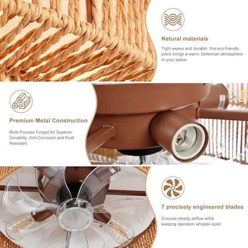Natural Brown 20 Inch Boho Ceiling Fan with Light and Remote - Reversible 6-Speed Indoor Fandelier