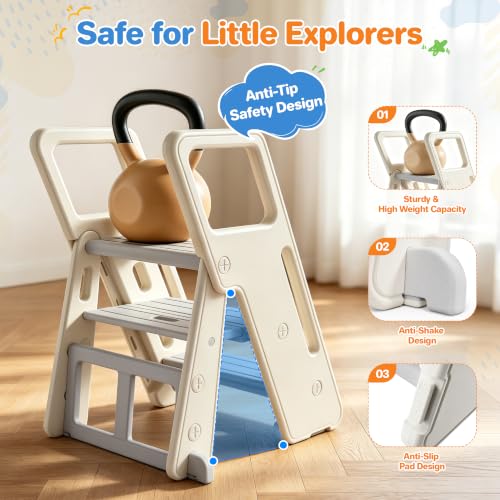 Foldable Toddler Step Stool with Handles - Adjustable 3-in-1 Kids Stool for Bathroom Kitchen and Bedroom