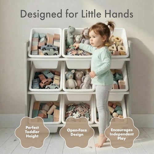 Humble Crew Kids Toy Organizer with 9 Removable Bins, 3-Tier Storage, White & Grey