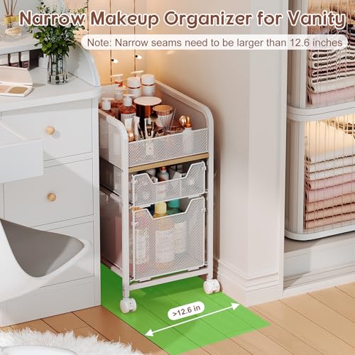 Hongtamoya White Narrow Rolling Makeup Cart with 2 Drawers - Under Desk Organizer
