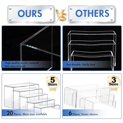 Aheroi 20Pcs Clear Acrylic Risers Display Stands Set - 5 Sizes, Versatile & Durable