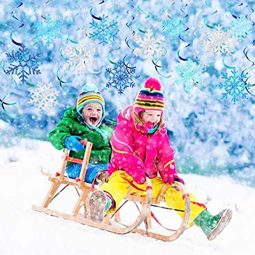 Sumind 30 Pcs Winter Party Wonderland Decorations Snowflake Hanging Swirls Ceiling Decor Winter Baby Shower Streamers Christmas Hanging Decor Holiday Birthday Wedding Party Supplies(Blue, Silver)