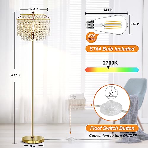Luvkczc Gold Crystal Floor Lamp - 64-Inch Tall Elegant Standing Lamp with Crystal Shade