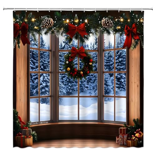 Blue Winter Christmas Shower Curtain 70x70 Inches with Hooks - Holiday Bathroom Decor