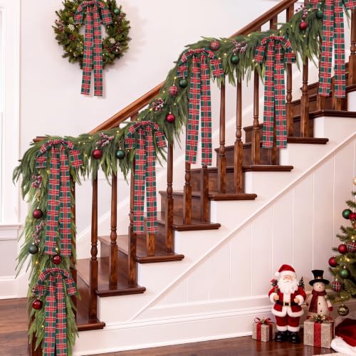 6 Pcs Large Green Red Plaid Christmas Bows - Pre-Tied Tartan Ribbon Toys