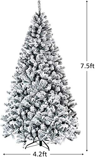 7.5FT Artificial Snow Christmas Tree with Hinged Branches & Metal Stand - Indoor Outdoor Holiday Decor