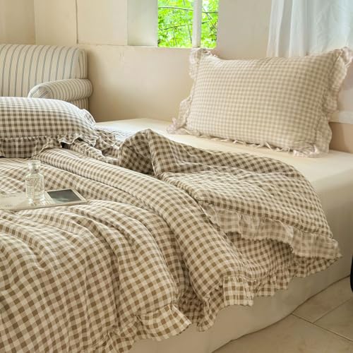 Tan Gingham Ruffled Comforter Set - Queen Size Farmhouse Bedding