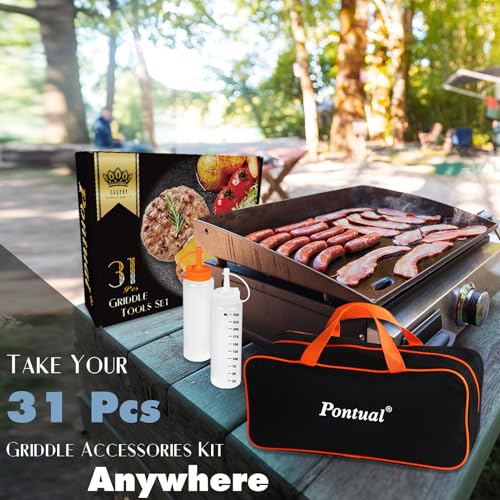 Pontual 31-Piece Griddle Accessories Kit for Blackstone Flat Top BBQ Spatula Set with Melting Domes, Burger Press & Apron