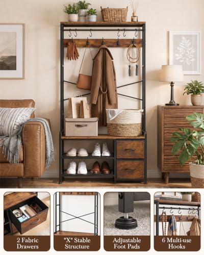 Faesun Rustic Hall Tree with Bench & Shoe Storage - 5-in-1 Entryway Organizer