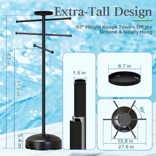 Outdoor Pool Towel Rack with Built-In Tray, Adjustable Bars & Wheels