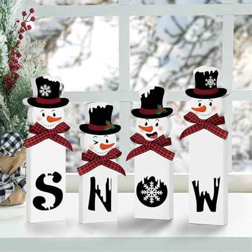 Christmas Snowman Decorations Indoor, Wooden Snowman Block Merry Christmas Sign, Let It Snow Winter Xmas Decor, Cute Xmas Tiered Tray Decorations Table Centerpiece for Mantel Home Holiday Decor