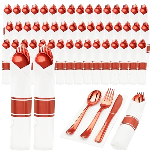 50PC Red Pre-Rolled Plastic Cutlery Set with Napkins (Forks, Knives, Spoons) - Wrapped