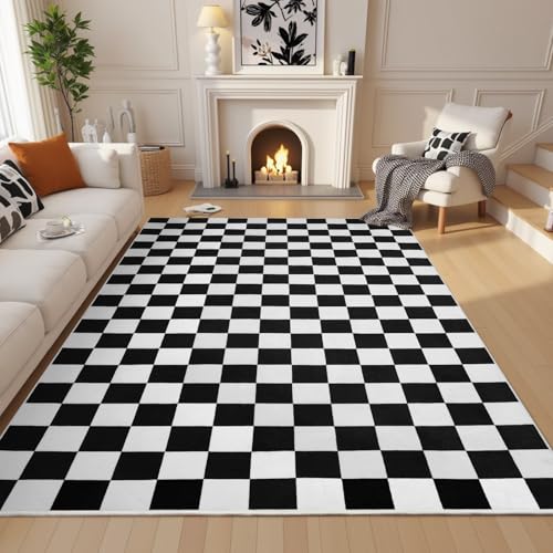Black and White Checkered Area Rug 5x7 - Soft Non-Slip Living Room Carpet - Variation of Black & White / 5' x 7' Rectangular