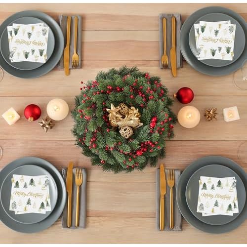 Gift Boutique - 100 Merry Christmas Tree Cocktail Beverage Napkins Disposable Paper Decorative Elegant Xmas Green & Gold Trees Dessert, Napkin for Winter Holiday, Party Supplies Tableware Decoration