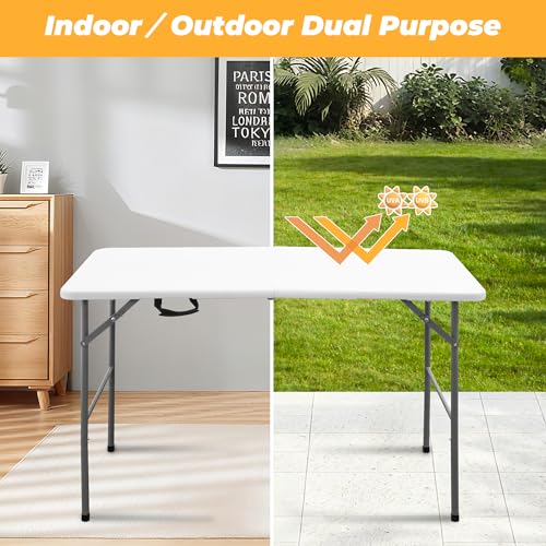 4ft Portable Folding Table - Indoor Outdoor Plastic Dining & Picnic Table with Handle