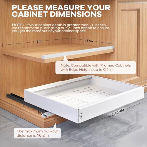 Expandable Pull-Out Cabinet Organizer with 3 Sliding Rails, Adjustable Width 12.2-20.4 inches, White