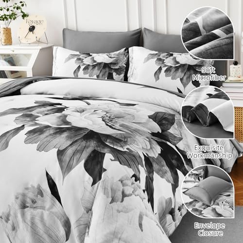 Dobuyly Queen Comforter Set 7 Pieces Grey Floral Bed in a Bag, All-Season Microfiber Bedding